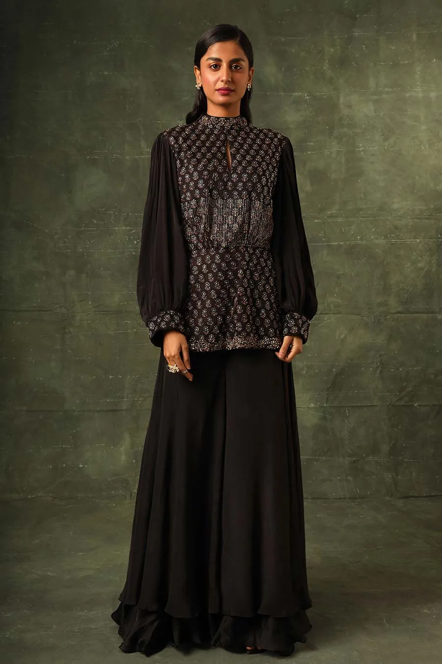 Black Ajrakh Embroidered Peplum Top & Pant Set