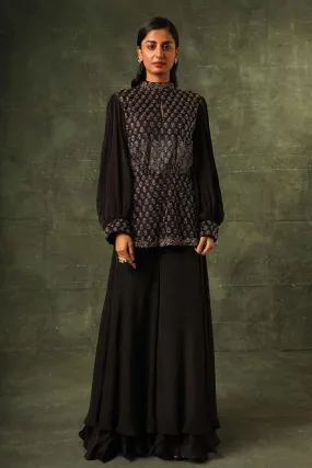 Black Ajrakh Embroidered Peplum Top & Pant Set