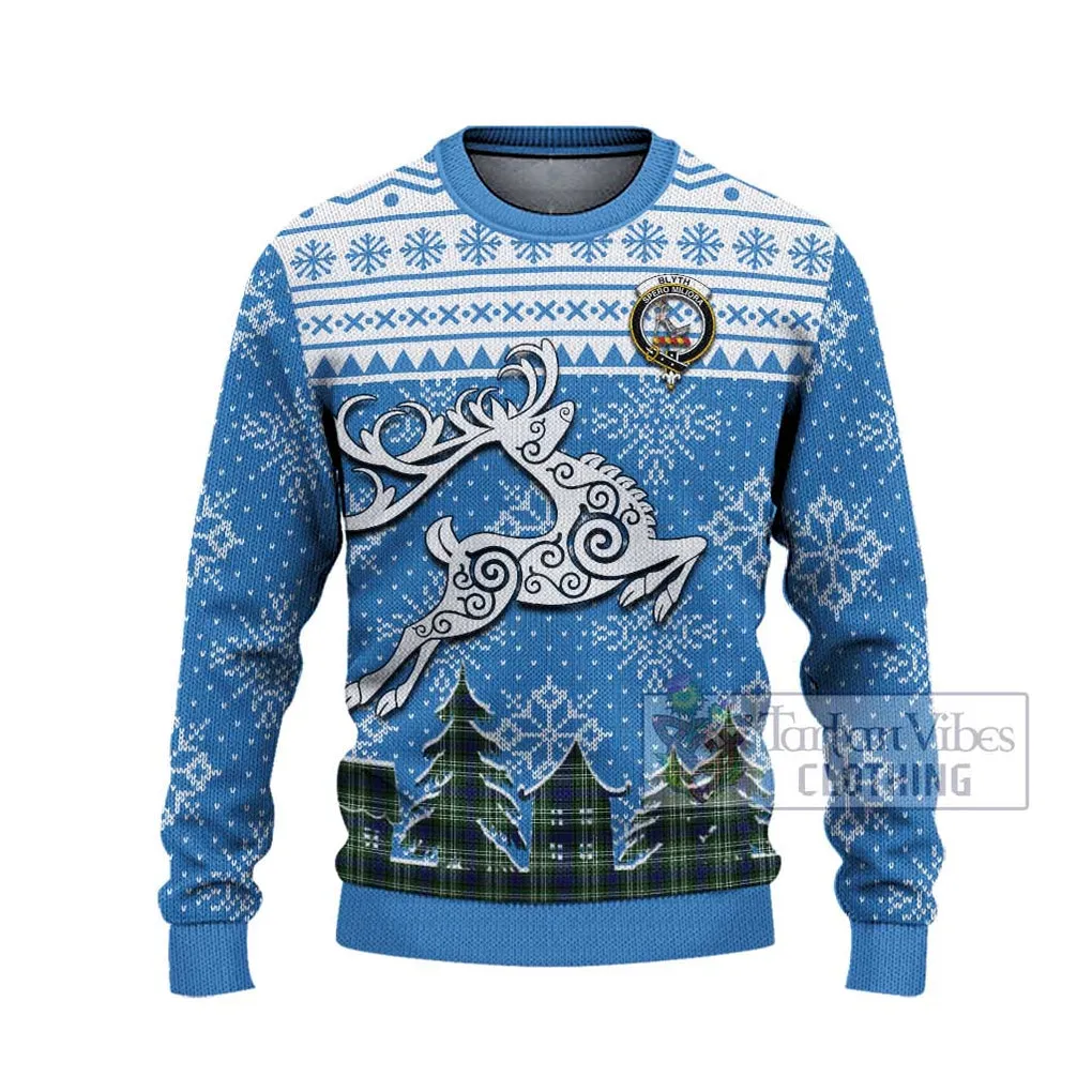 Blyth Clan Christmas Ugly Sweater with Tartan and Celtic Reindeer Style