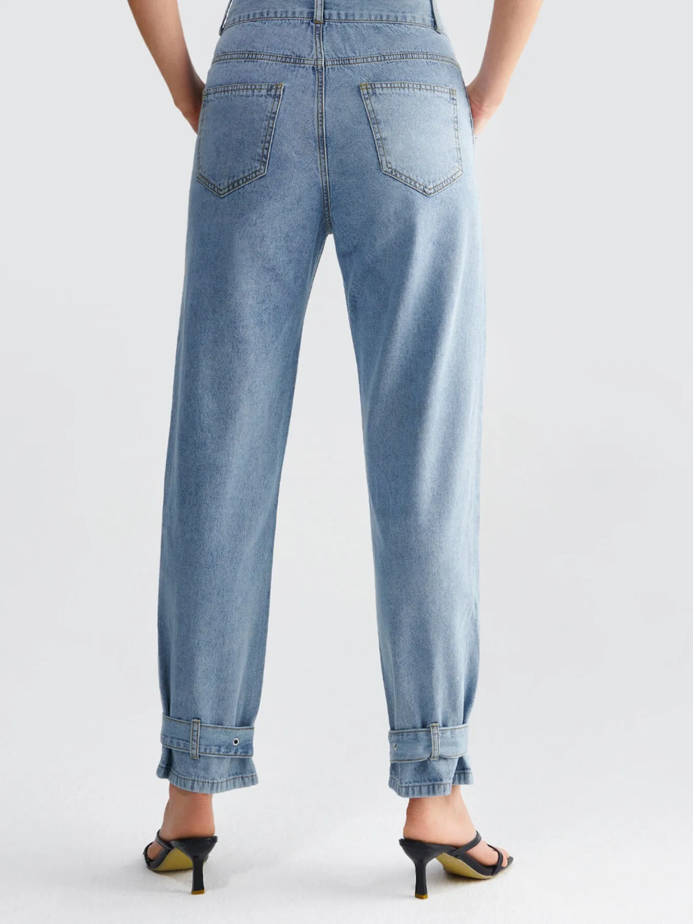 Button Belted Pocket High Waist Carrot Jeans