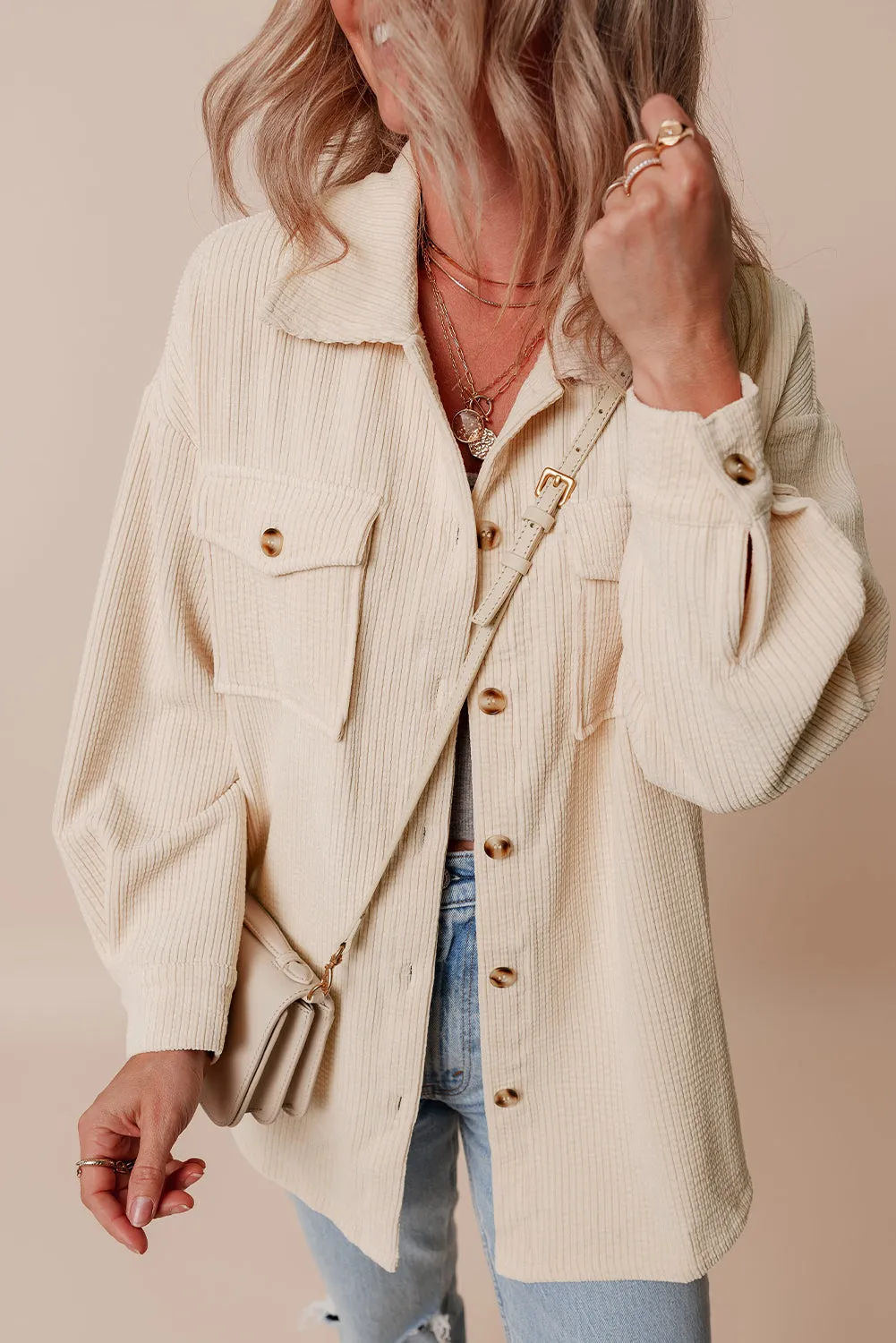 Chestnut Corduroy Flap Pocket Button Up Shacket