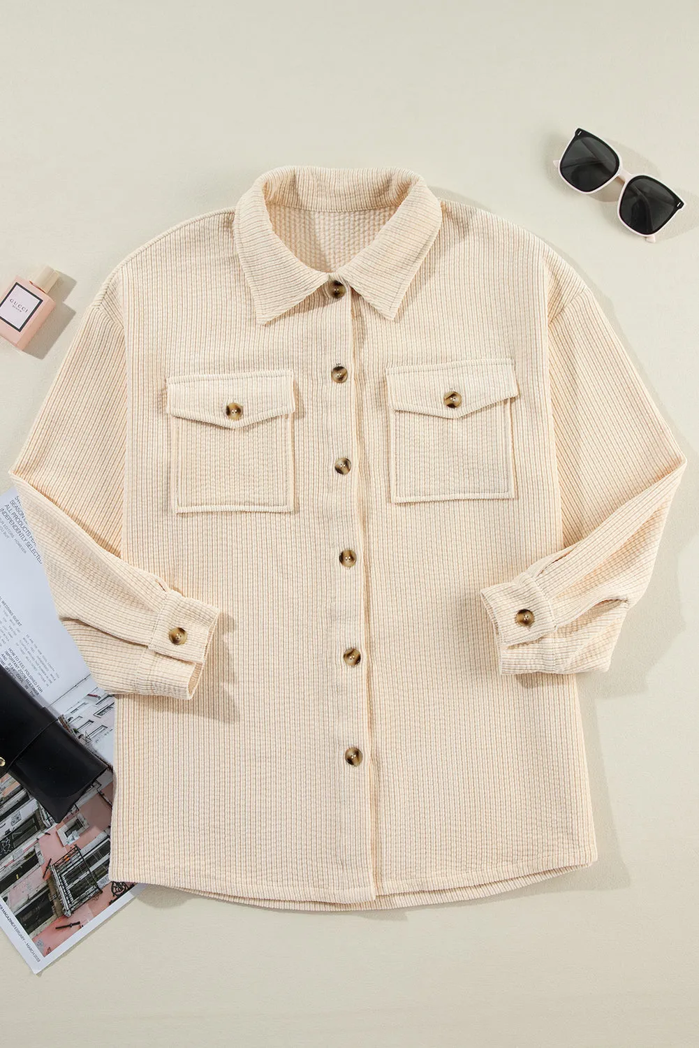 Chestnut Corduroy Flap Pocket Button Up Shacket