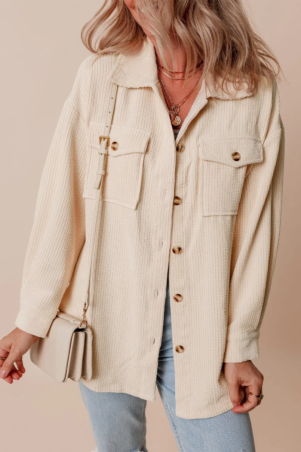 Chestnut Corduroy Flap Pocket Button Up Shacket