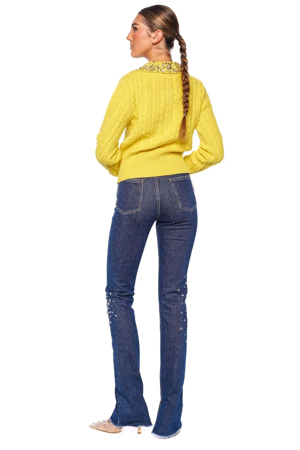 Crystal Embellished Cable Knit Polo Sweater