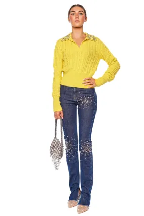 Crystal Embellished Cable Knit Polo Sweater