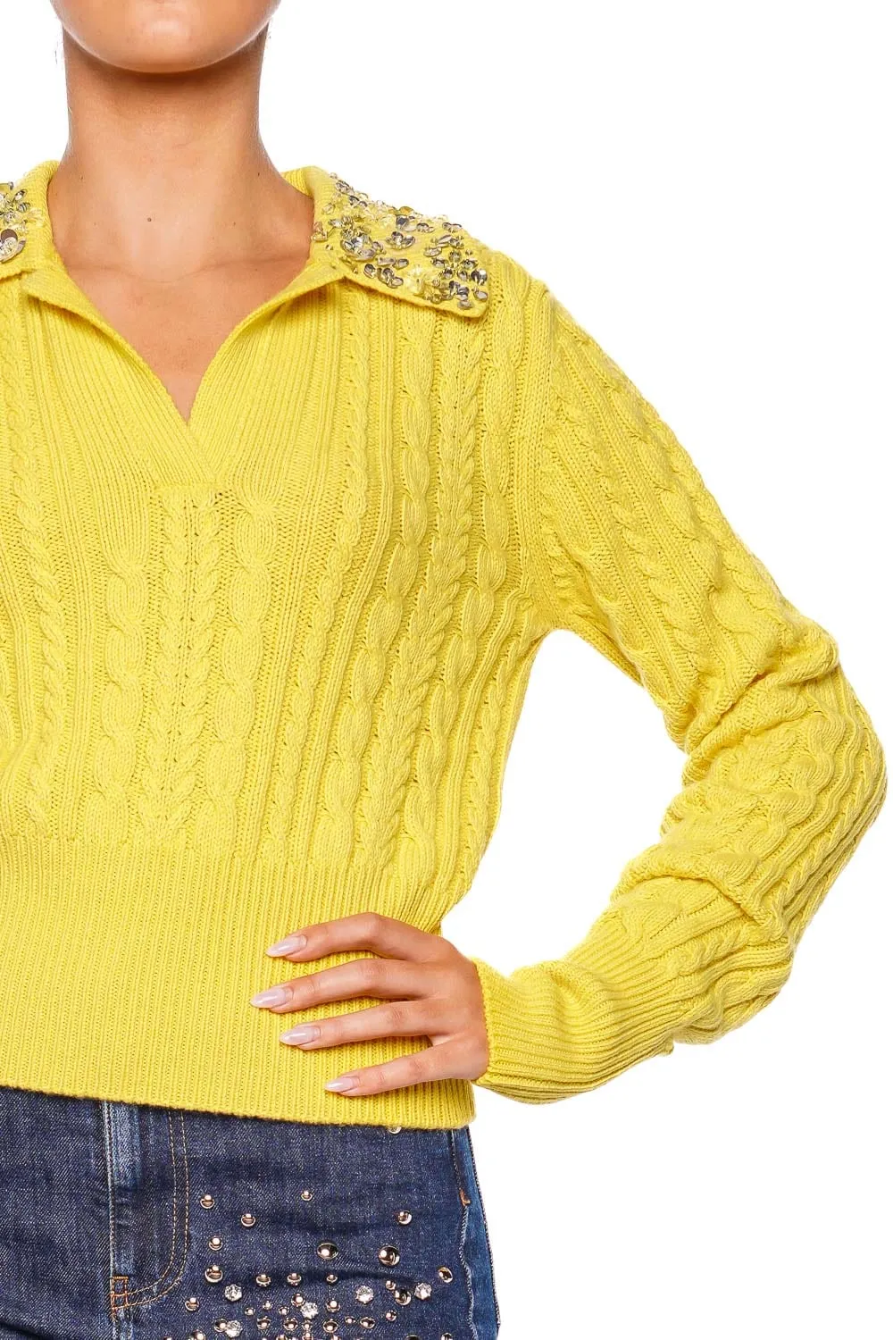 Crystal Embellished Cable Knit Polo Sweater