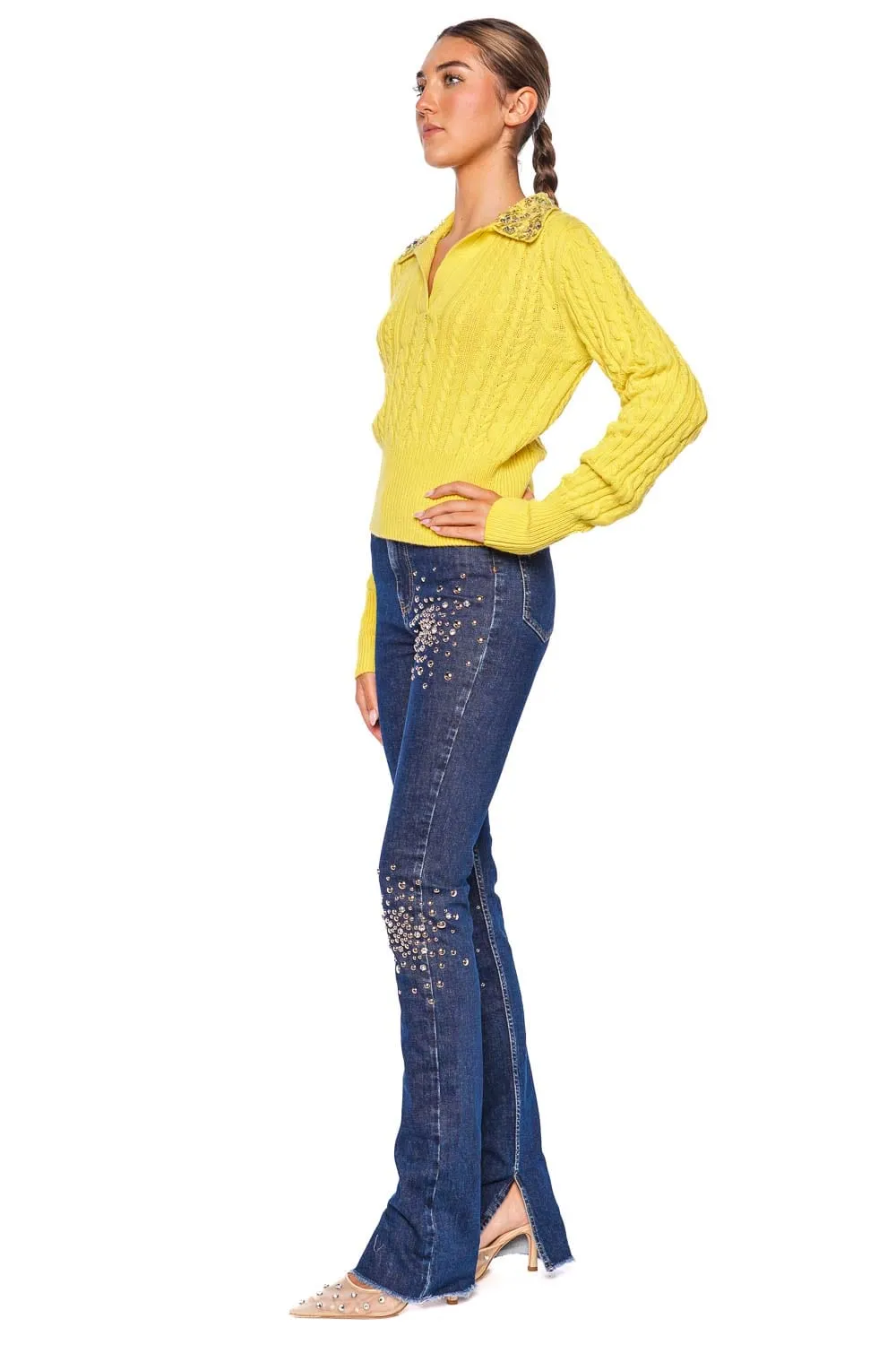 Crystal Embellished Cable Knit Polo Sweater