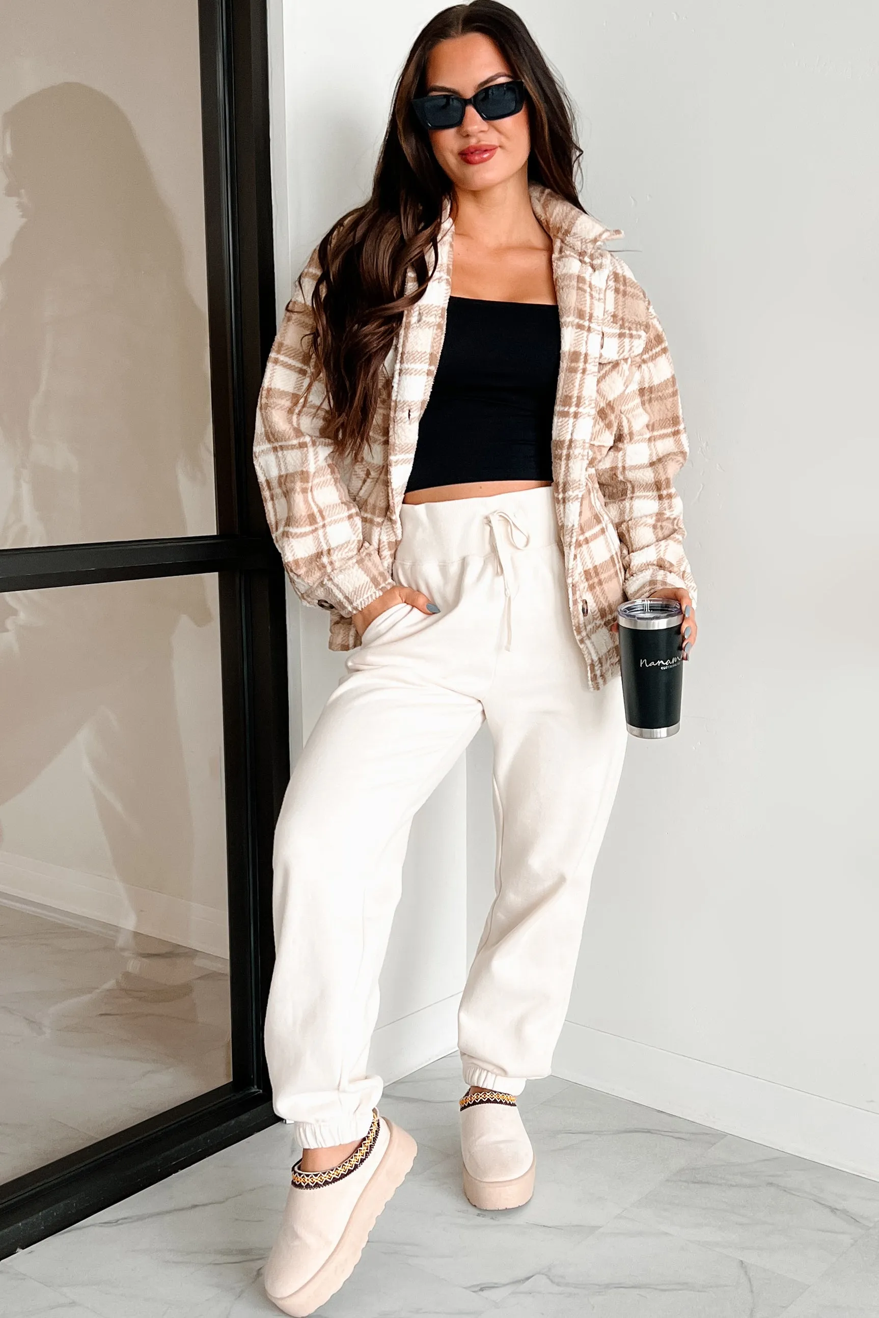 DOORBUSTER It's Always About You Plaid Fleece Shacket (Khaki)