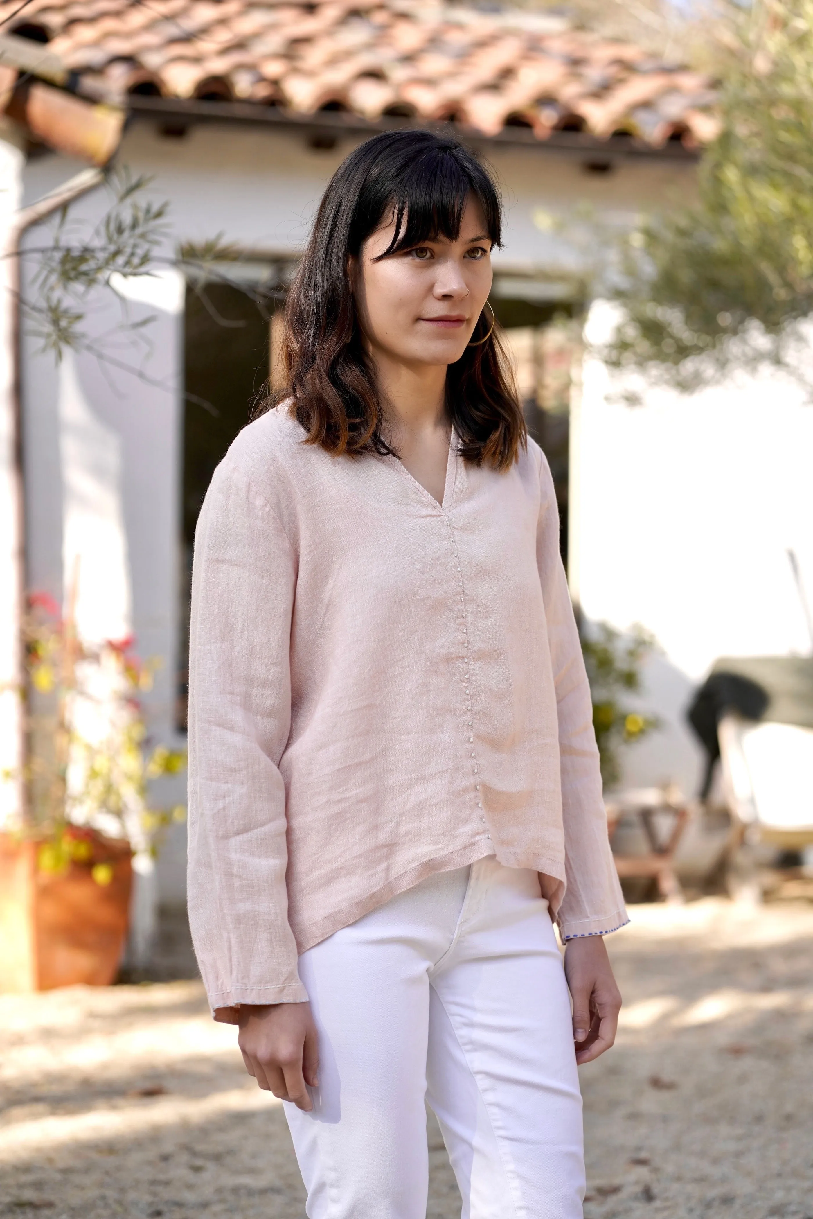 French Knot Linen Top White