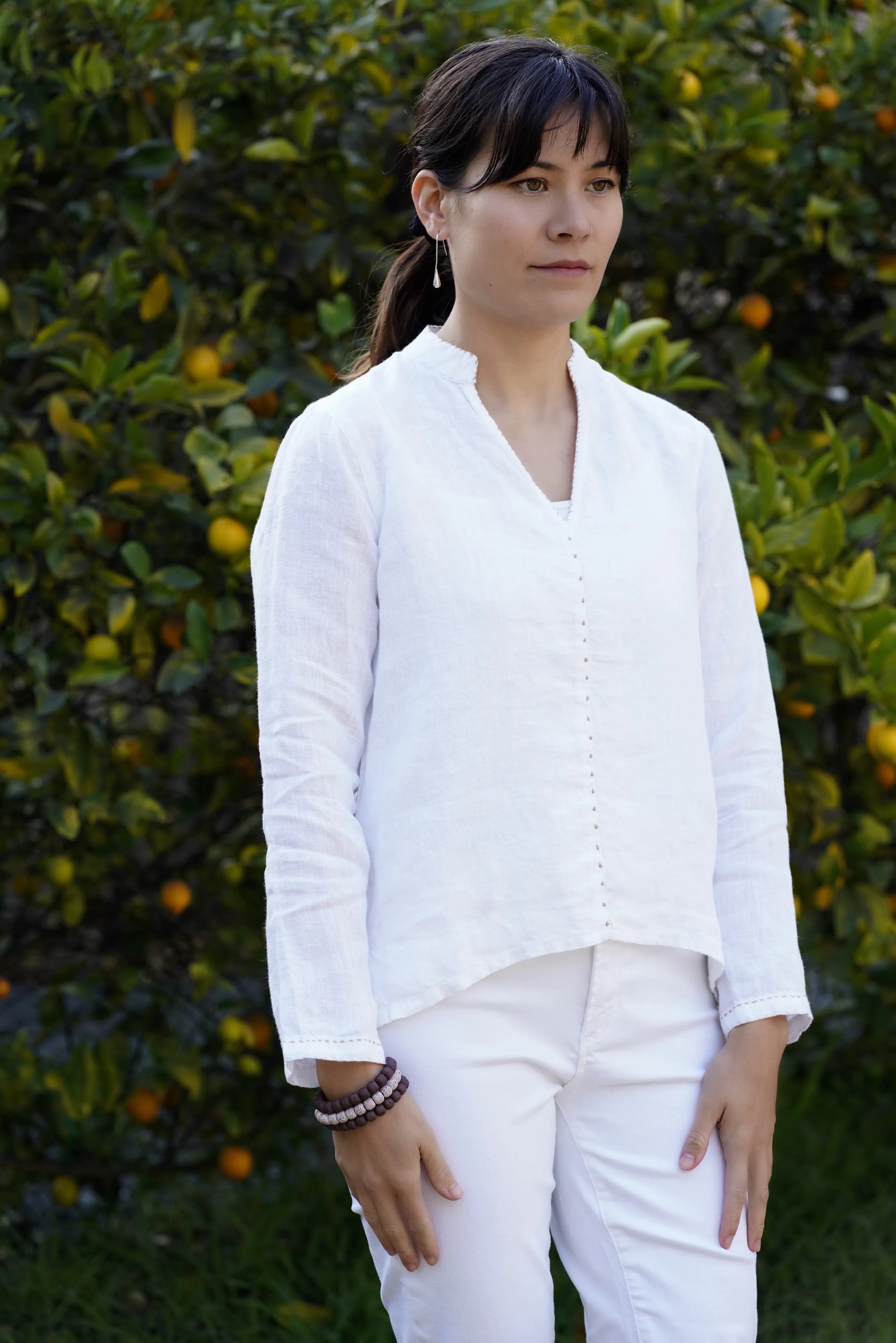 French Knot Linen Top White