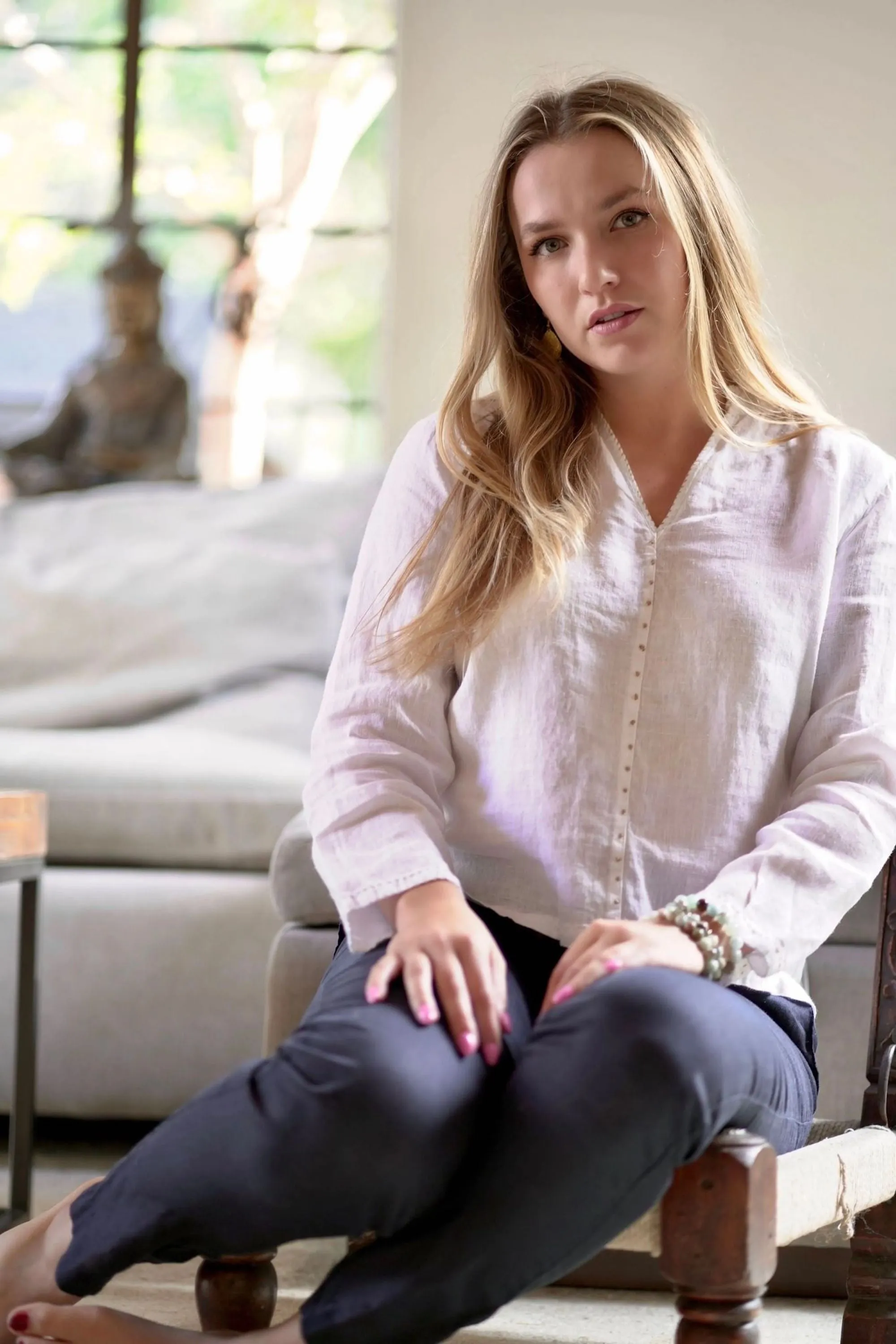 French Knot Linen Top White
