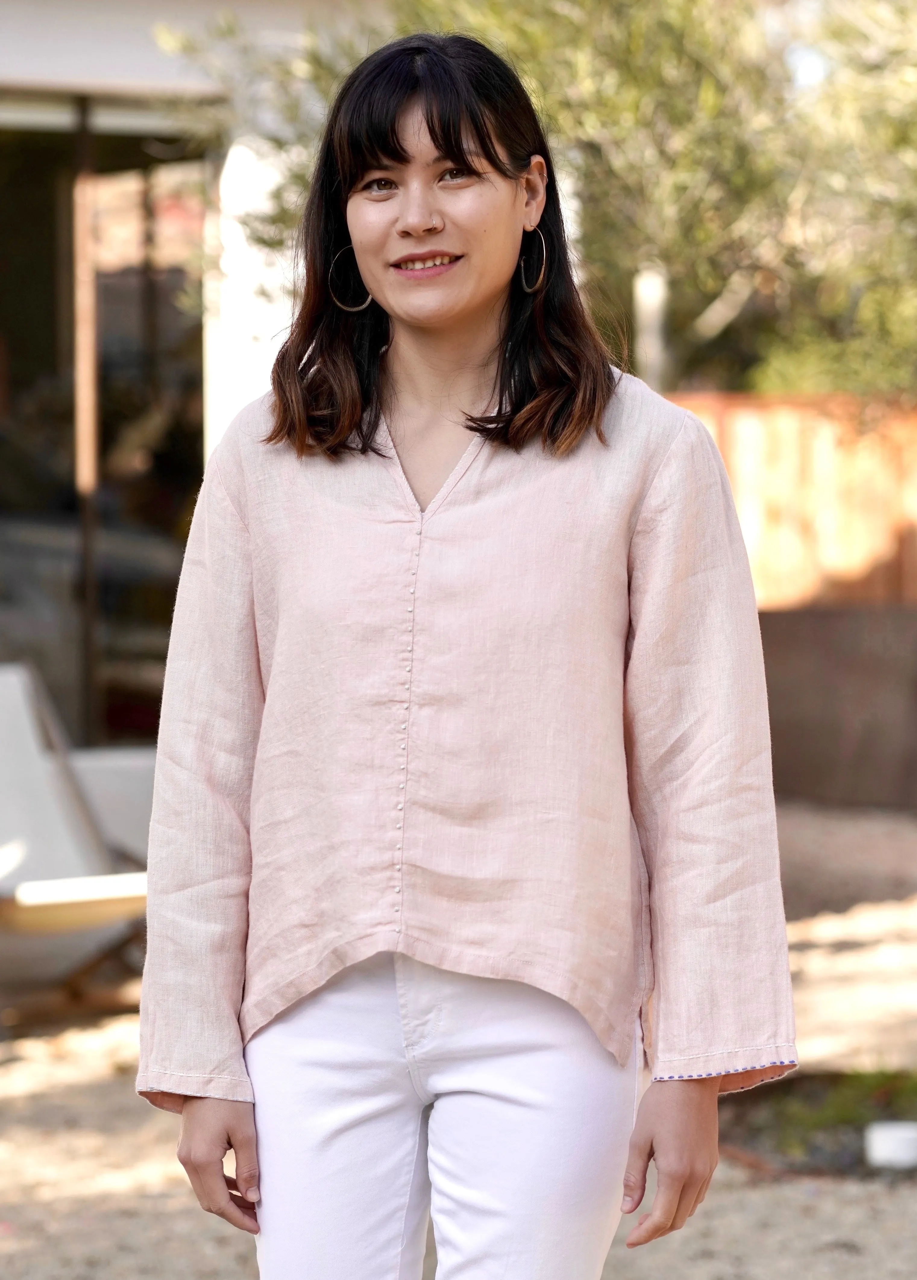 French Knot Linen Top White