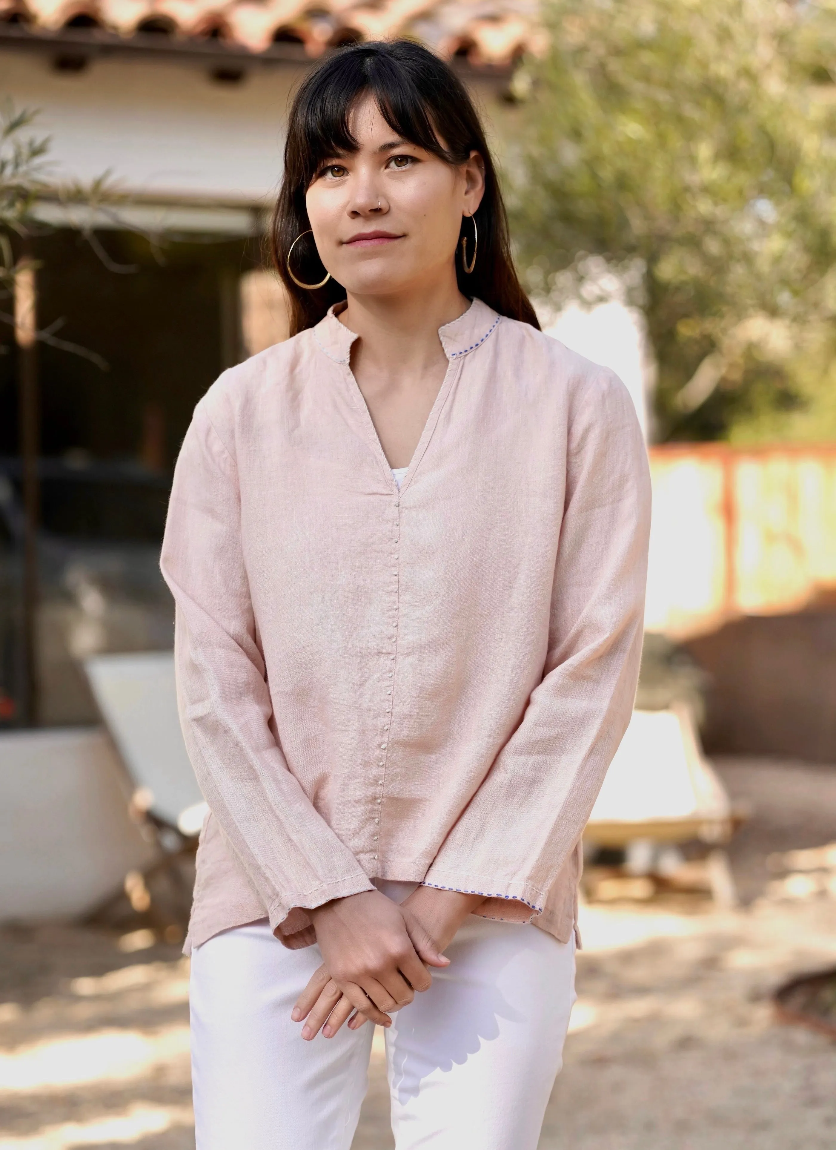 French Knot Linen Top White