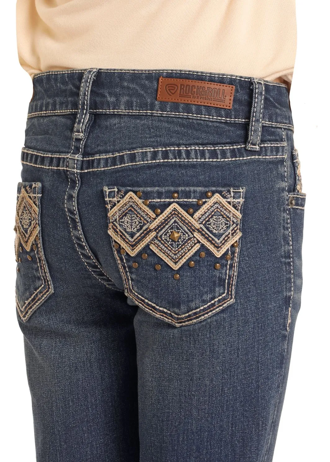 Girl's Rock & Roll Aztec & Stud Embroidered Boot Cut Jean