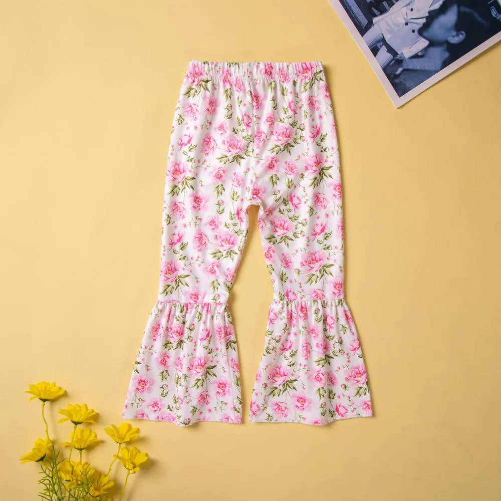 Girls Summer New Cute Flower Calf Top Flared Pants Suit Wholesale Girls Clothes