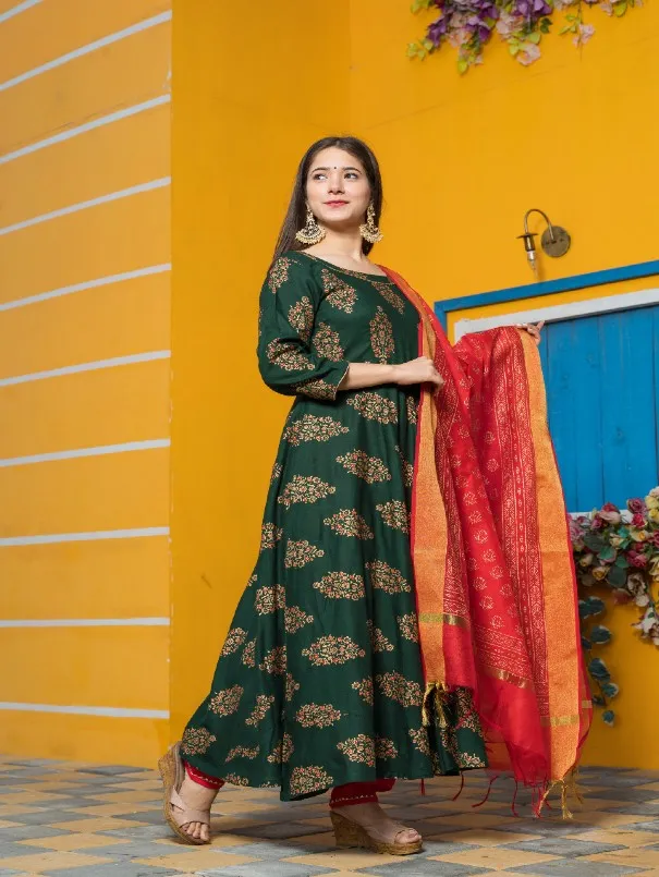 Green & Red Gold Printed Rayon Fared Anarkali Set (Set of 3)