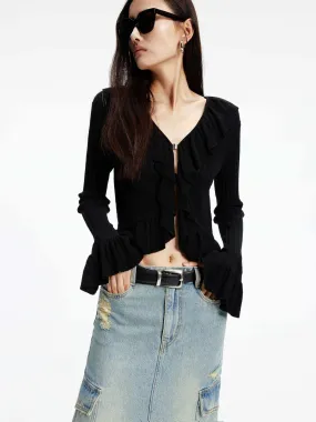 Knitted Ruffle Trim Cardigan