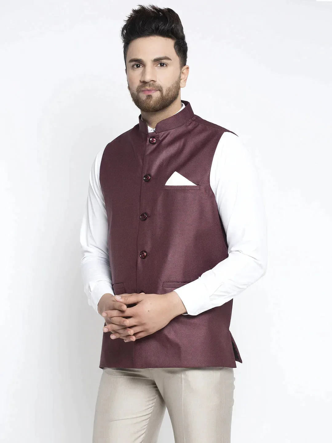 Men'S Maroon Solid Nehru Jacket