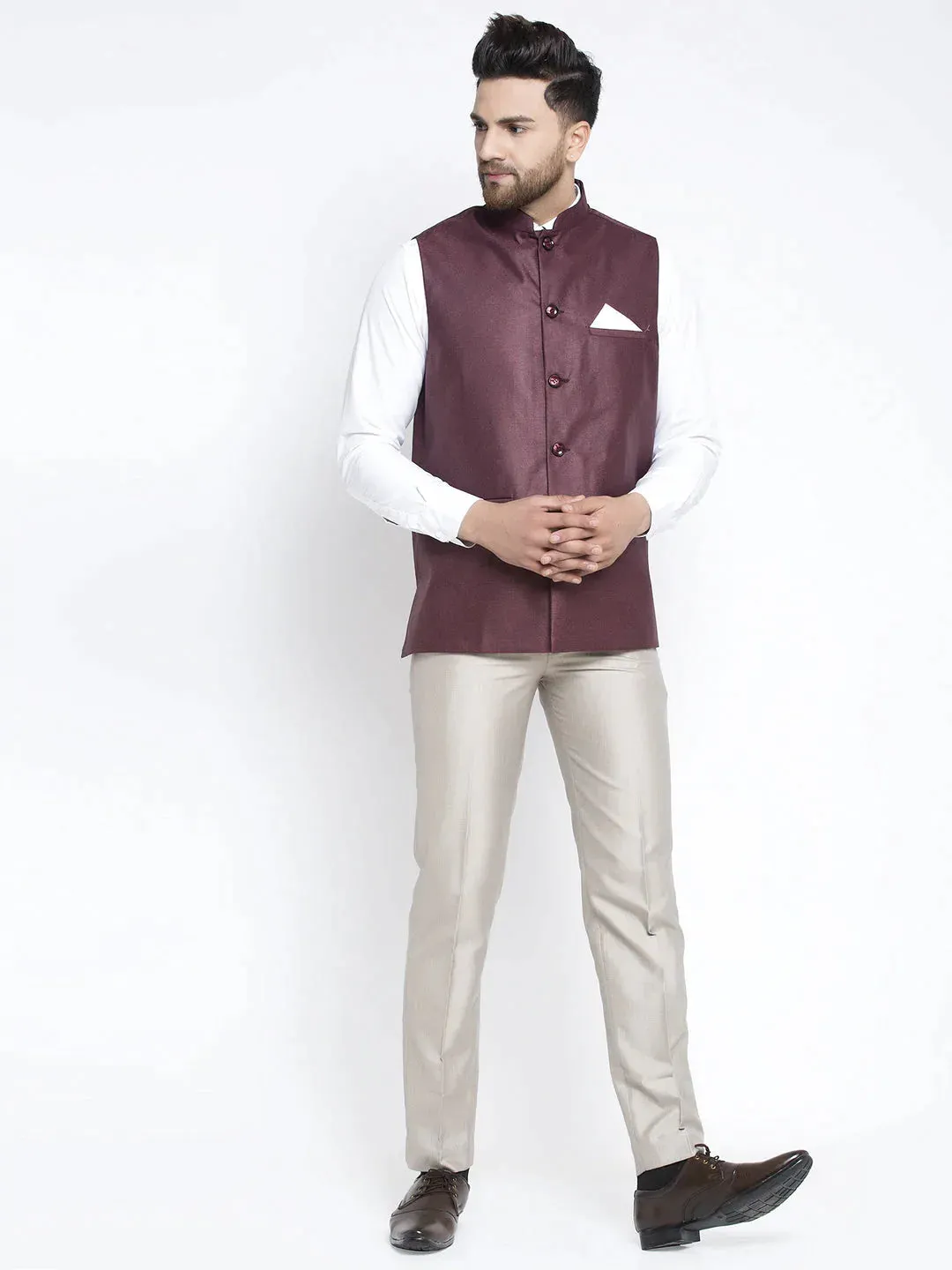 Men'S Maroon Solid Nehru Jacket
