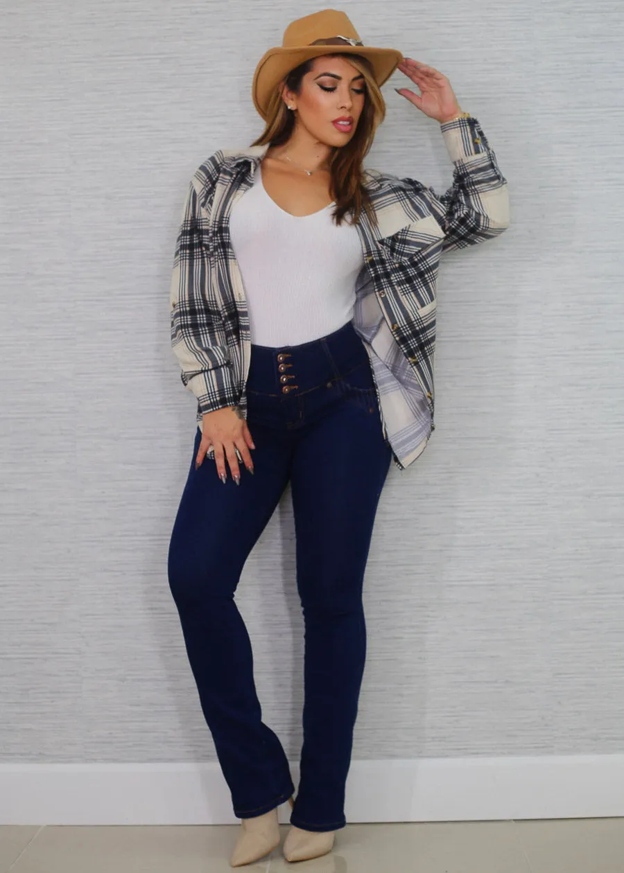 Oversized Plaid Button Down Shacket Ivory & Black