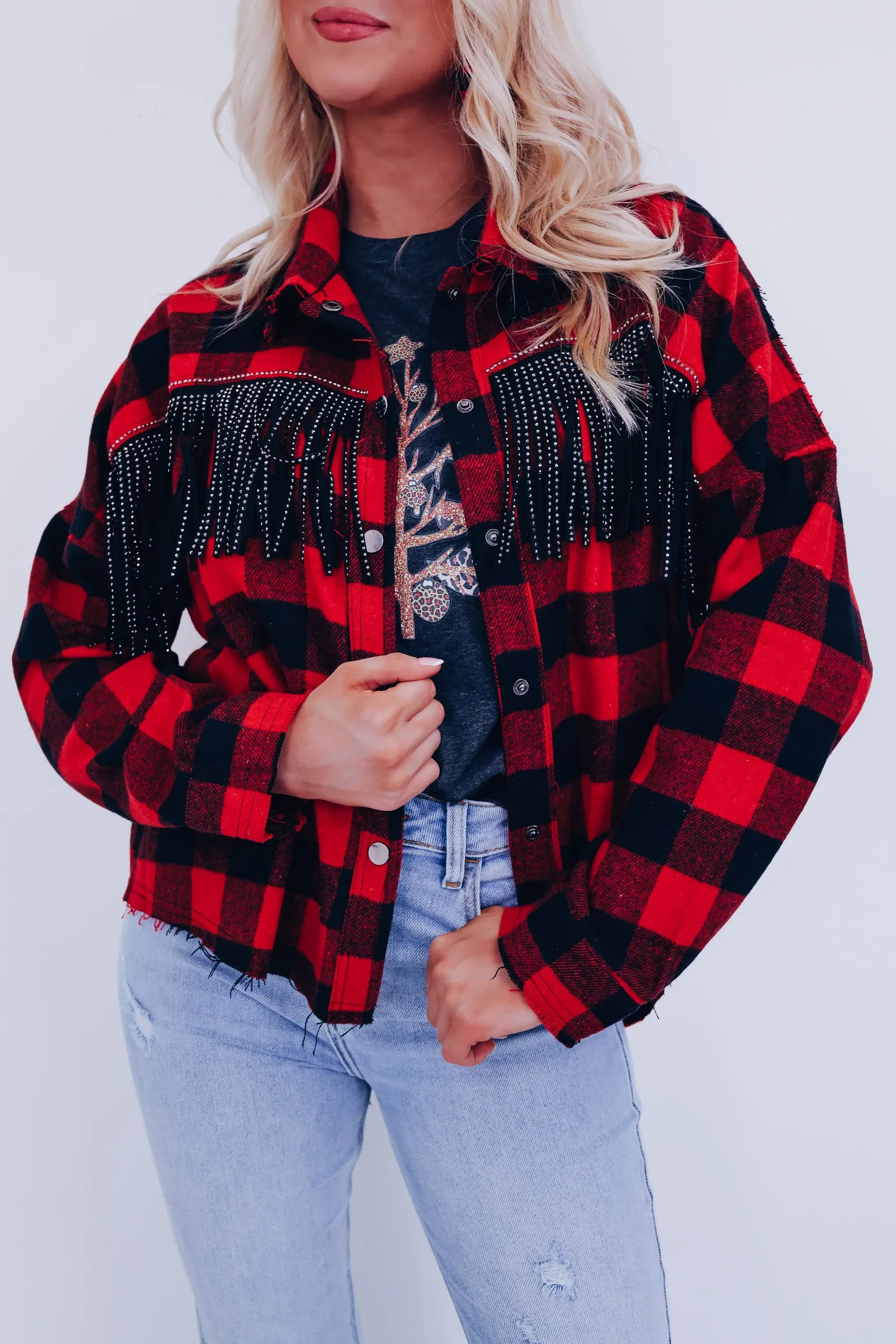 Peoria Plaid Fringe Shacket - Red