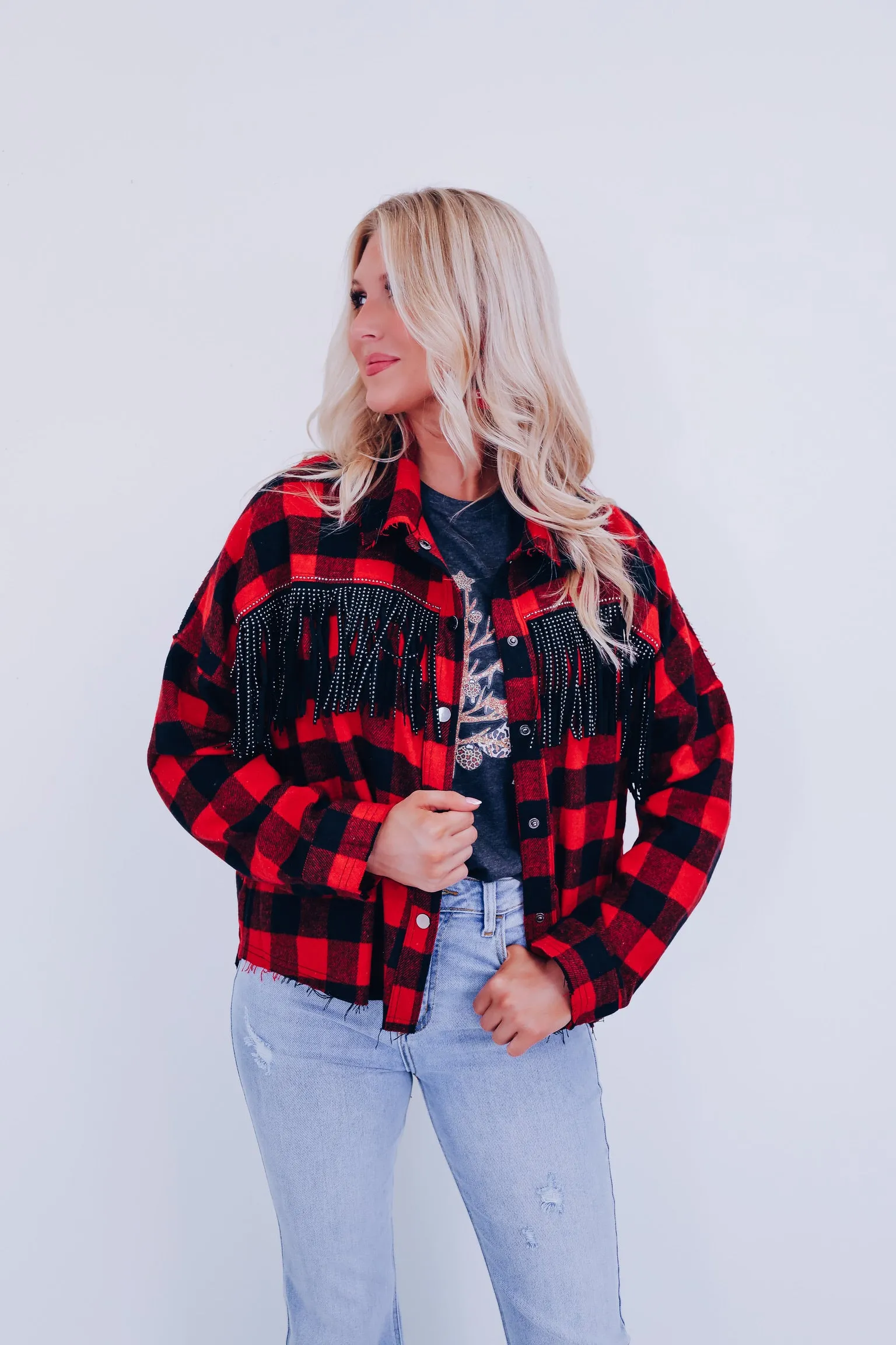 Peoria Plaid Fringe Shacket - Red