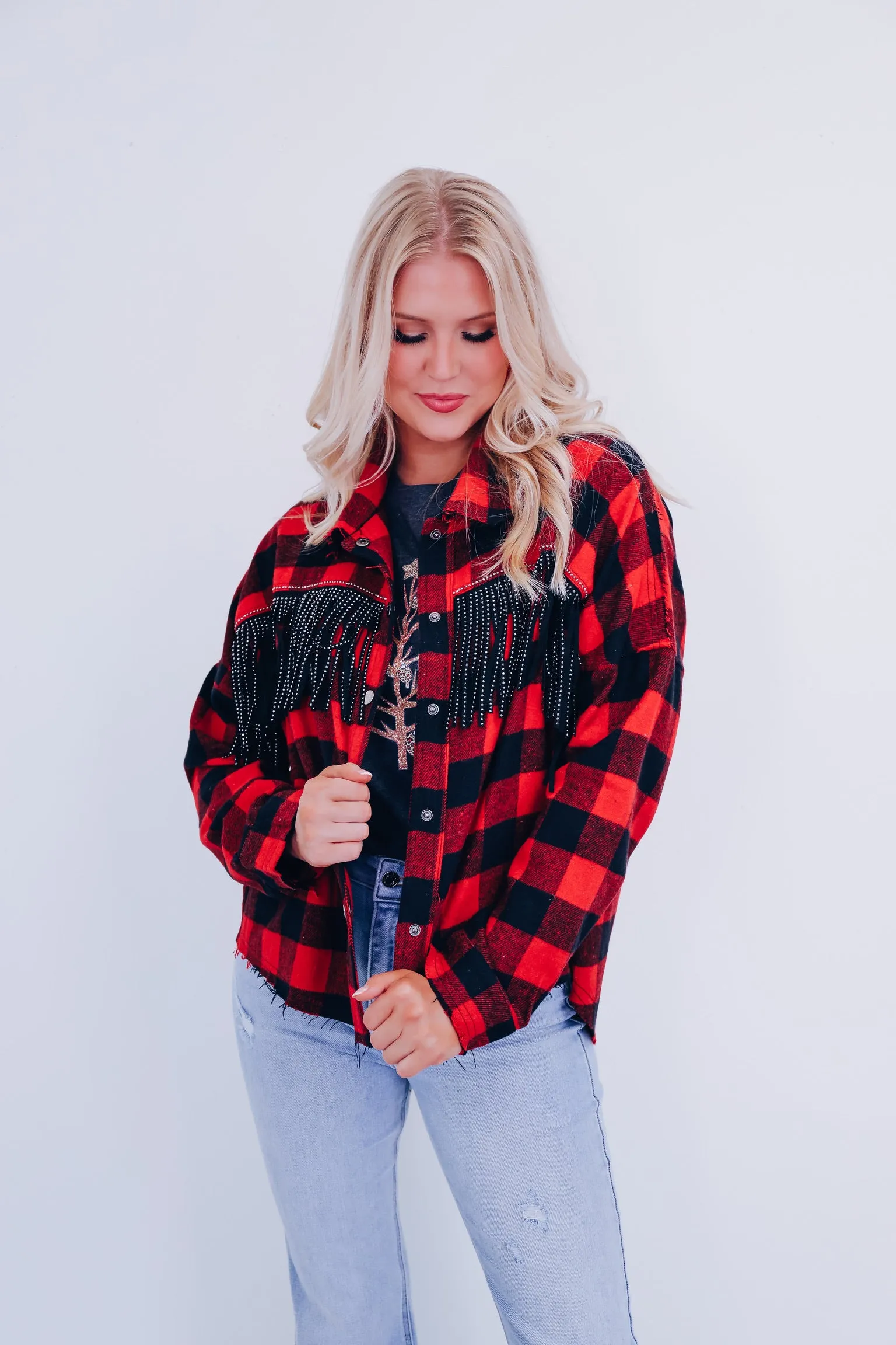 Peoria Plaid Fringe Shacket - Red