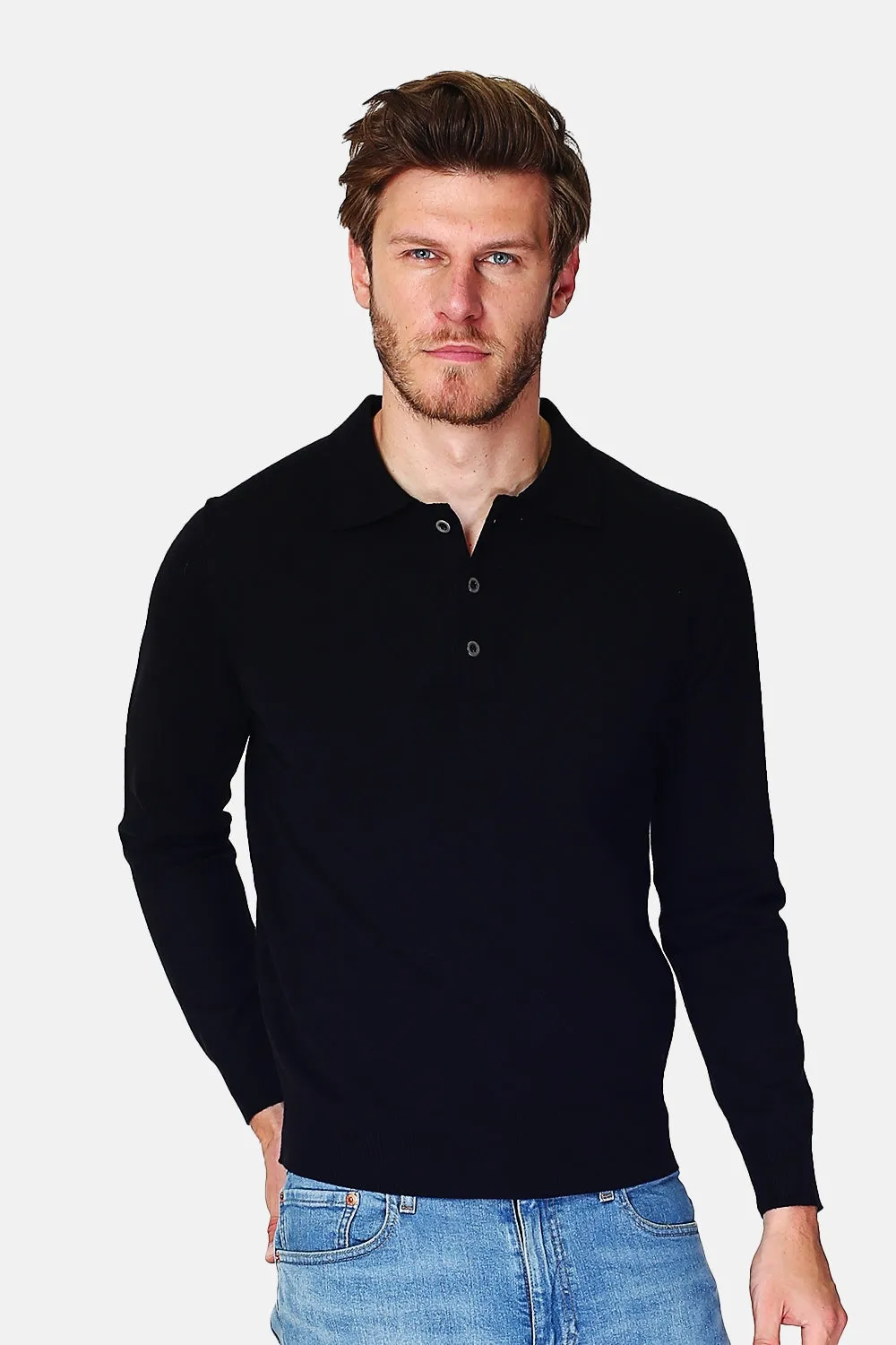 Polo collar sweater with buttons knitting in 3 threads with long sleeves