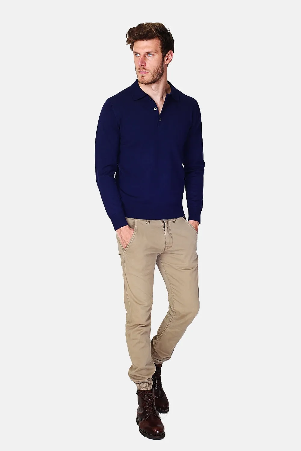 Polo collar sweater with buttons knitting in 3 threads with long sleeves