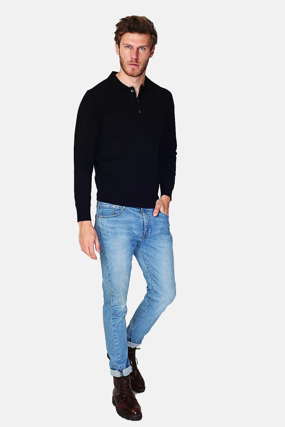 Polo collar sweater with buttons knitting in 3 threads with long sleeves