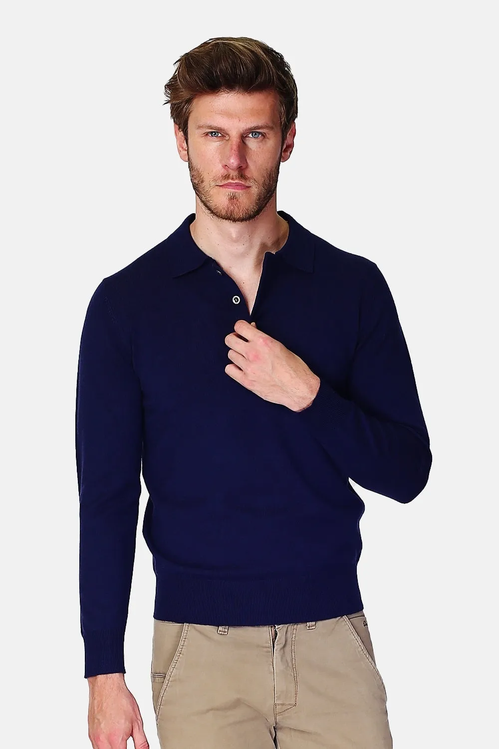 Polo collar sweater with buttons knitting in 3 threads with long sleeves