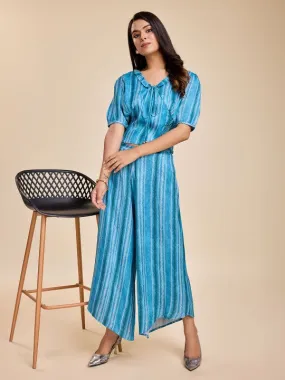 printed puff sleeve, ruffled  tie-up v neck corset top with smocking at the back with a comfortable flared pants set in viscose satin - Blue