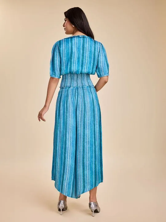 printed puff sleeve, ruffled  tie-up v neck corset top with smocking at the back with a comfortable flared pants set in viscose satin - Blue