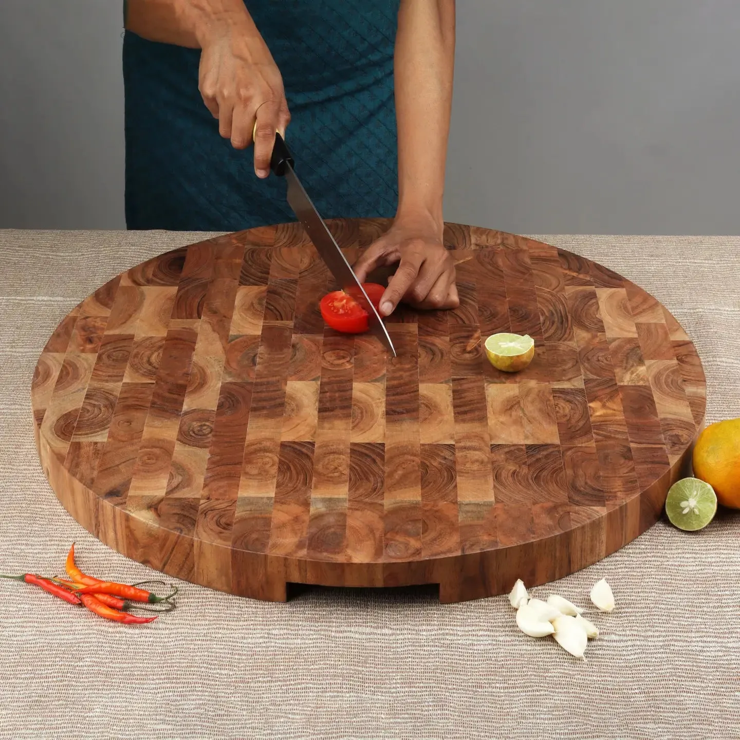 Round End Grain Acacia Wood Cutting Board w/ Cutout Handles