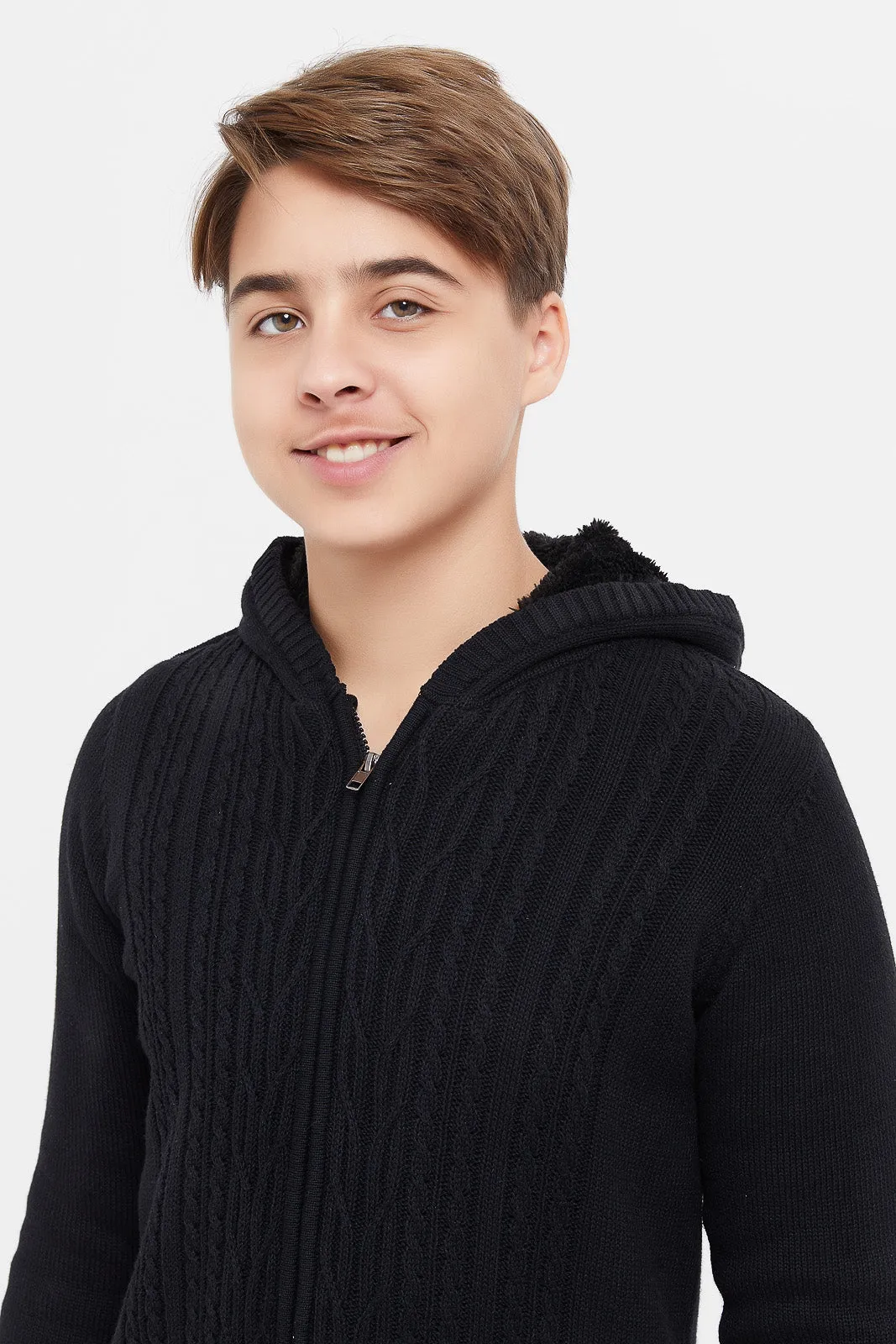 Senior Boys Black Cable Knit Cardigan