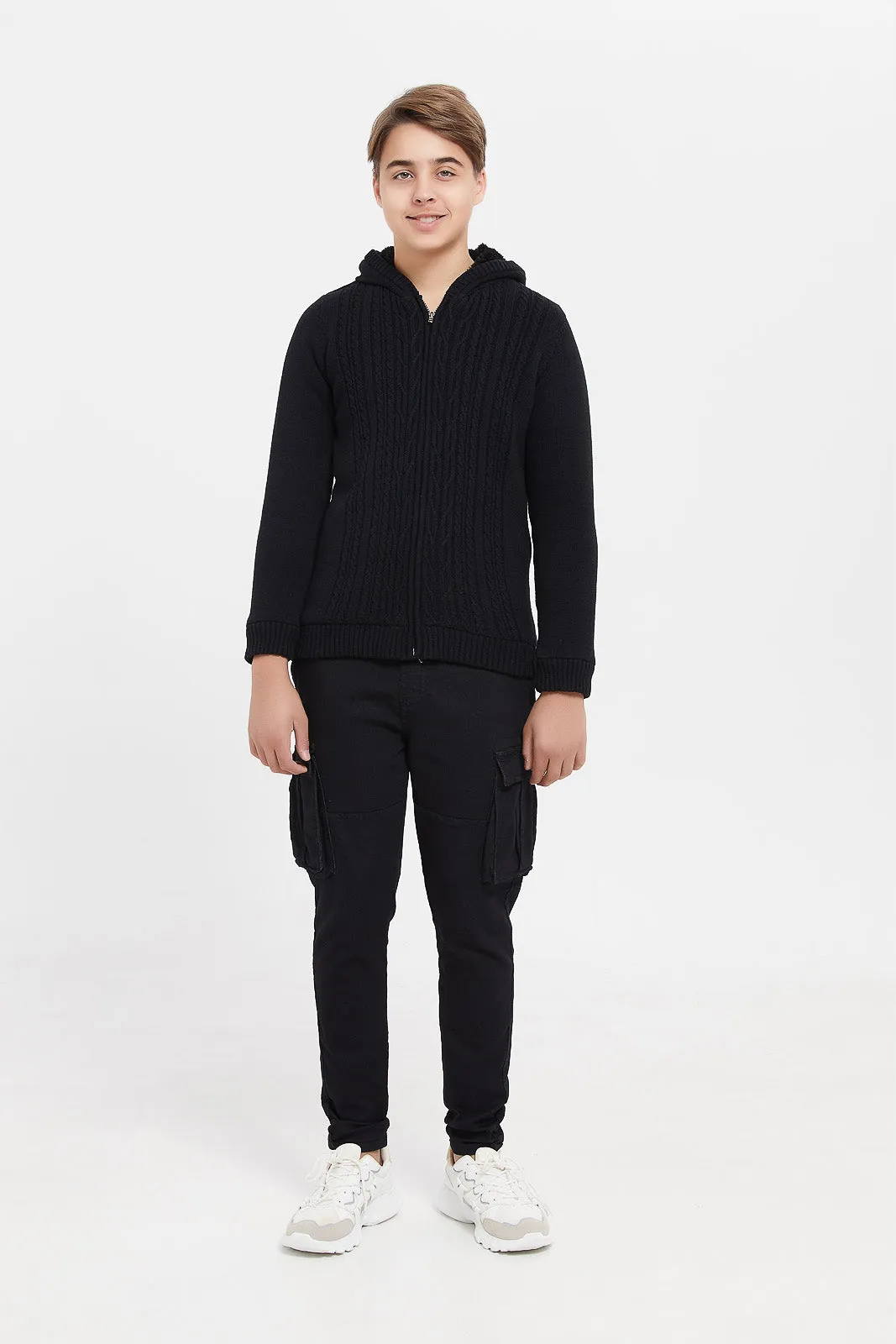 Senior Boys Black Cable Knit Cardigan