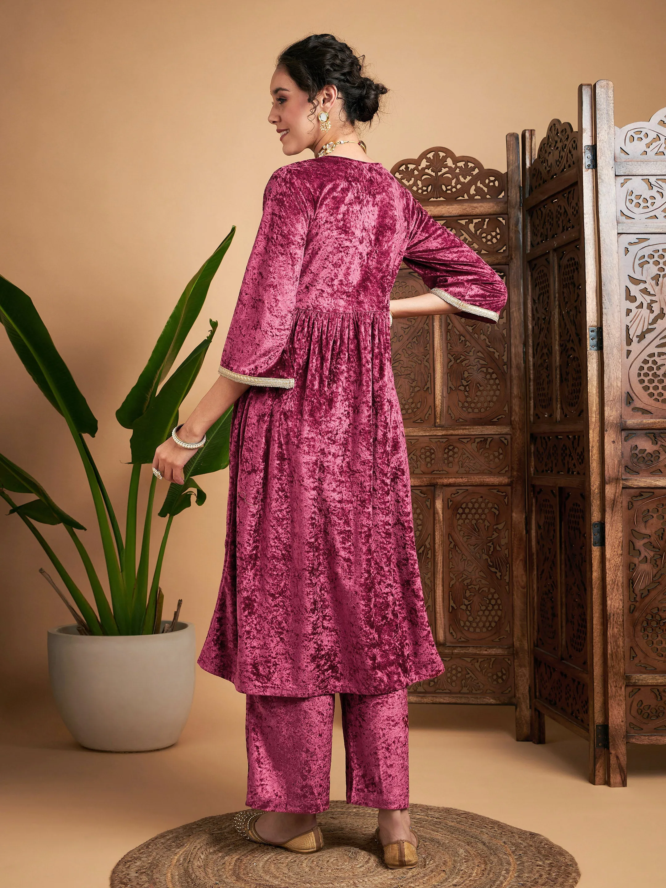 Women Pink Velvet Embroidered Gathered Kurta With Pants