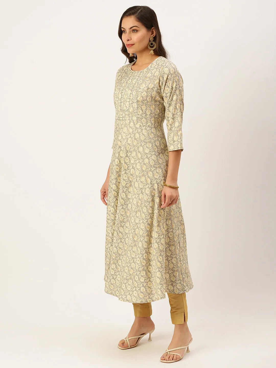 Women's Grey Printed A-Line Kurtas