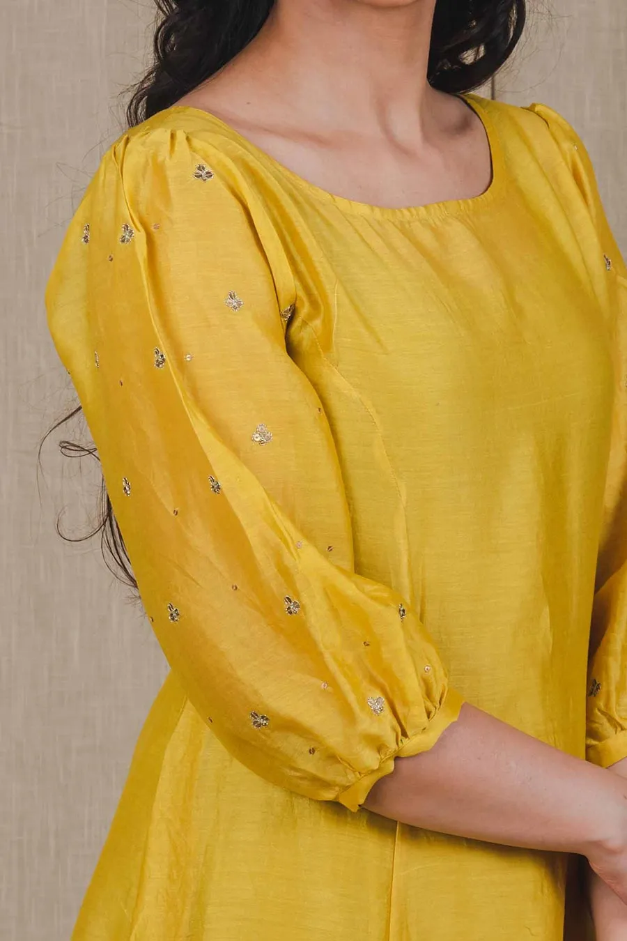 Yellow Chanderi Hand Embroidered Kurta