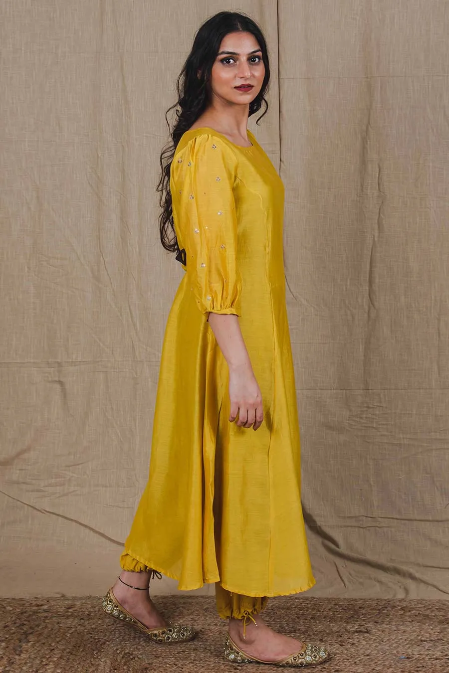 Yellow Chanderi Hand Embroidered Kurta