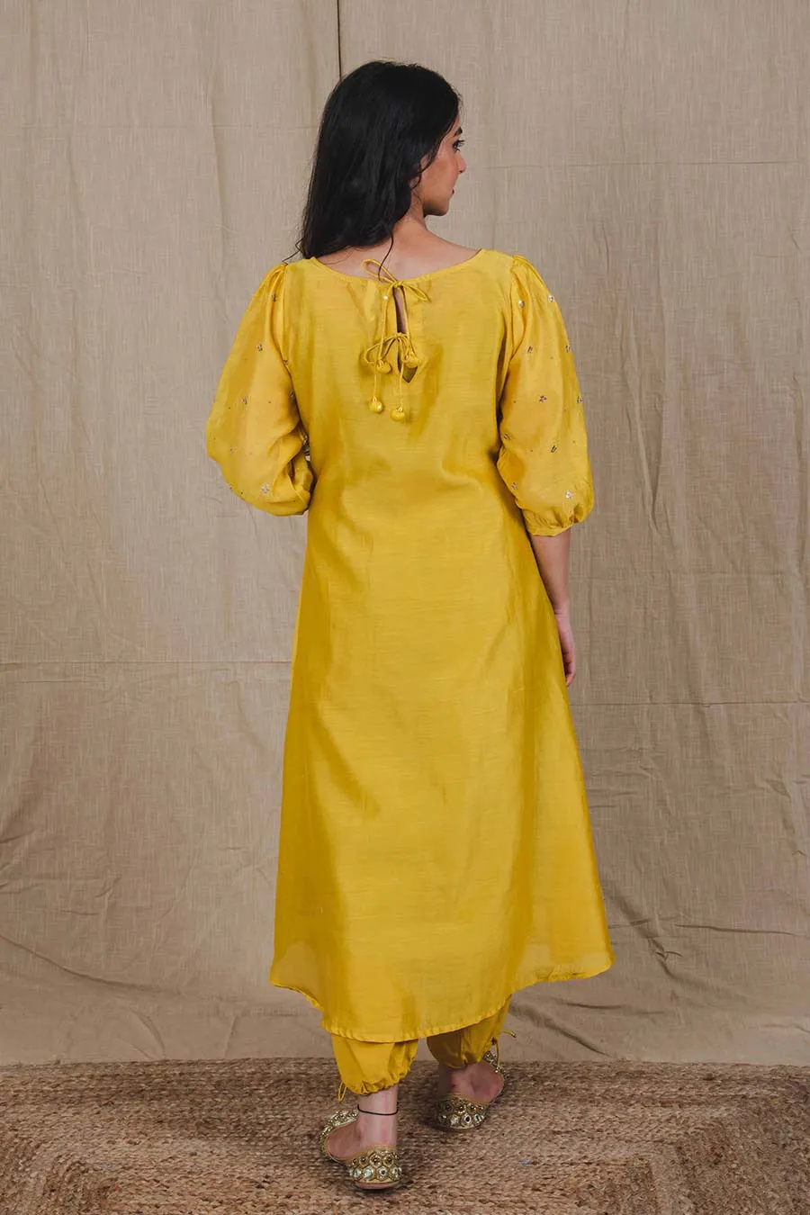 Yellow Chanderi Hand Embroidered Kurta